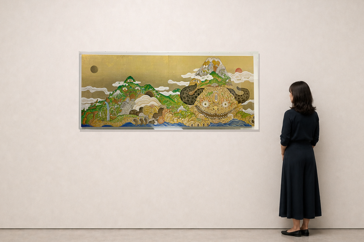 feebee feebee — 観察者効果-白沢山- Ink, pigment, suihi pigment and silver leaf on wood panel