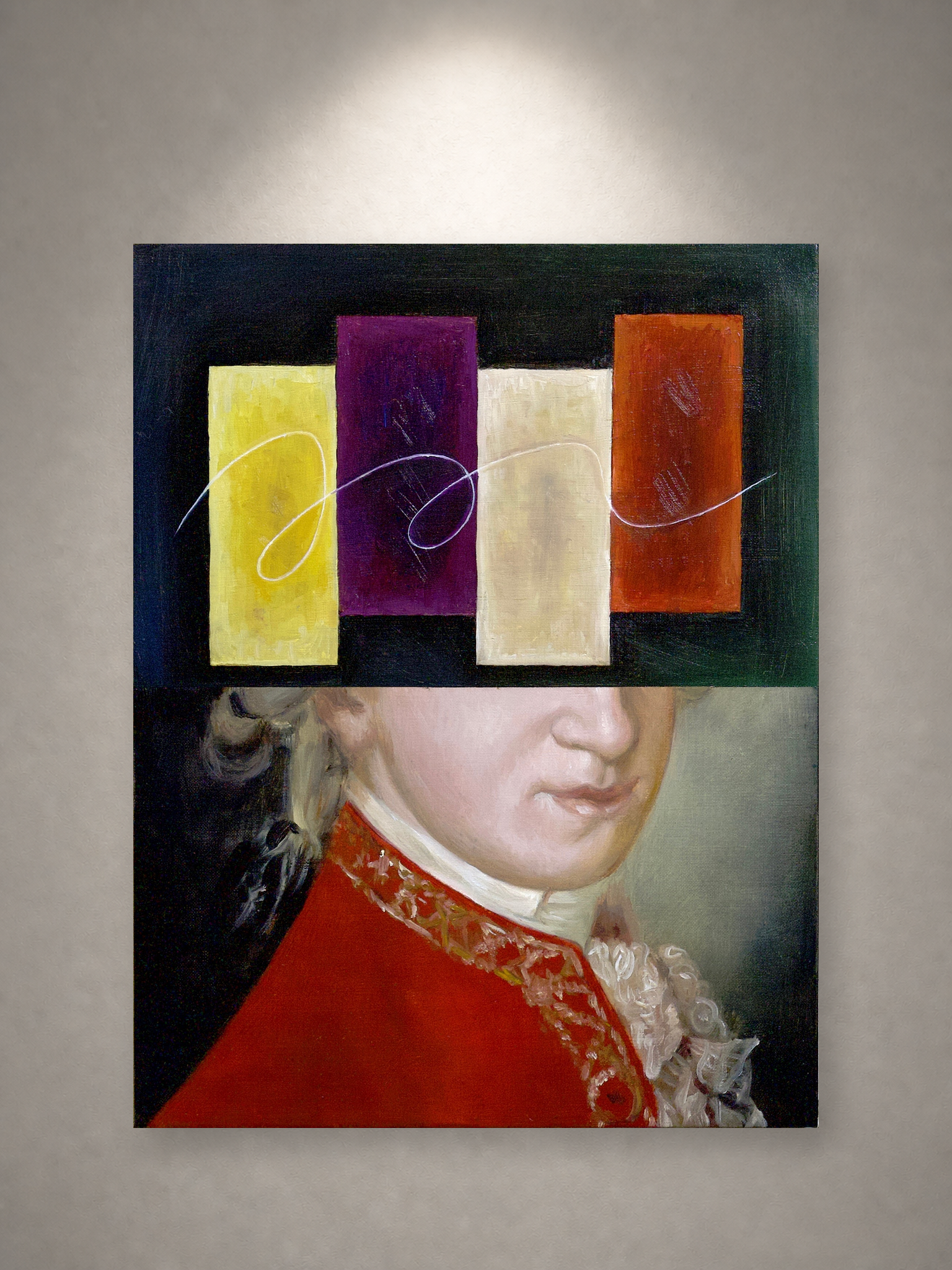 星山耕太郎「Wolfgang Amadeus Mozart」 一灯の白色スポットライトによる壁面展示イメージ・正面（作品画像非改変）