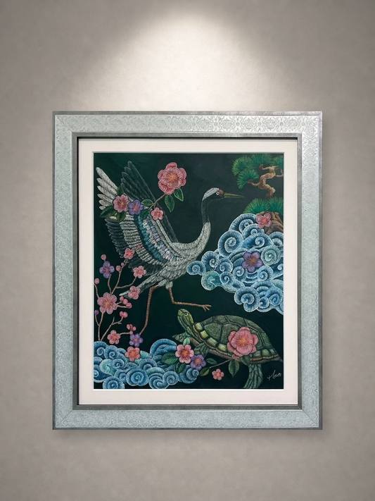 Moeco「Crane and Turtle（鶴亀ピンク）」 黒板にチョーク