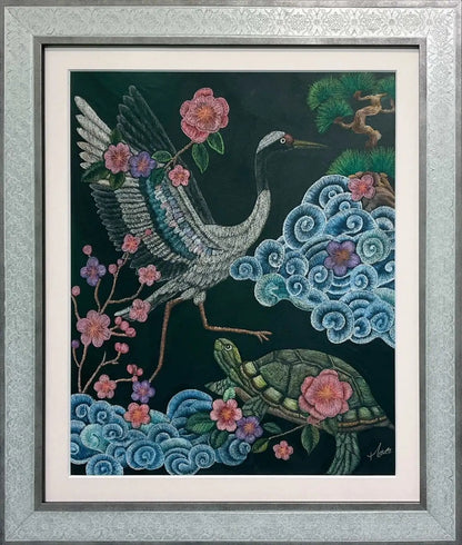 Moeco Moeco「Crane and Turtle（鶴亀ピンク）」 黒板にチョーク